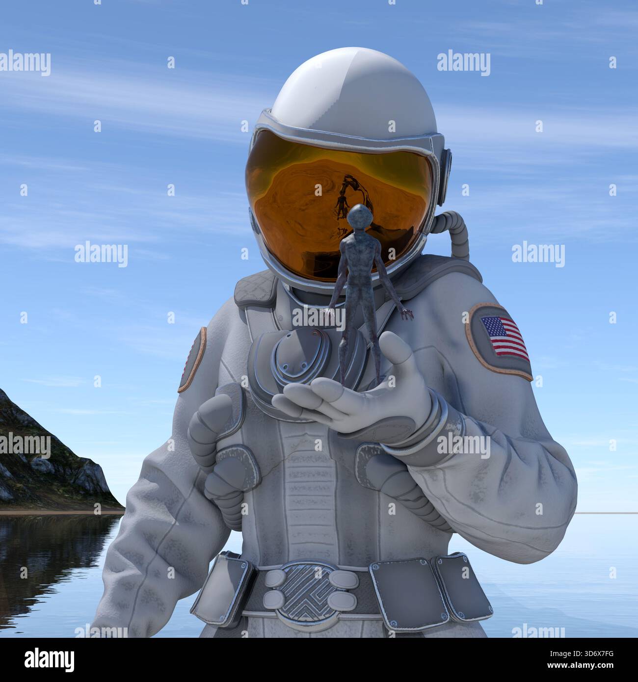 illustrazione 3d di una donna astronauta che tiene in mano un piccolo alieno su un mondo extraterrestre. Foto Stock