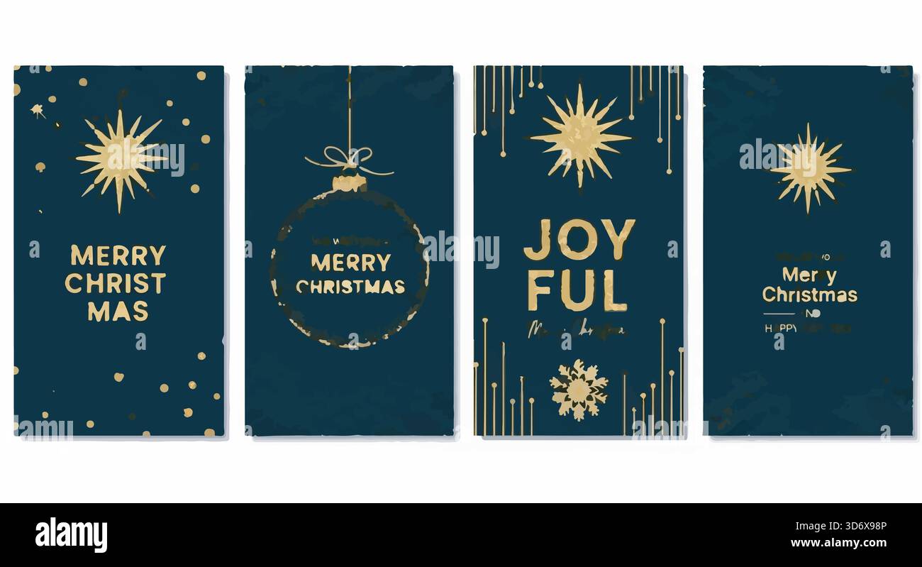Set di eleganti biglietti di Natale in blu e oro. Festività natalizie con stelle, ornamenti e saluti. Illustrazione vettoriale. Illustrazione Vettoriale