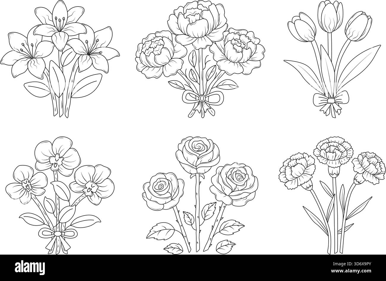 Set di mazzi di fiori della linea nera. gigli, peonie, tulipani, orchidee, rose, garofani. Boccioli monocromatici vettoriali con foglie, pagina da colorare Illustrazione Vettoriale