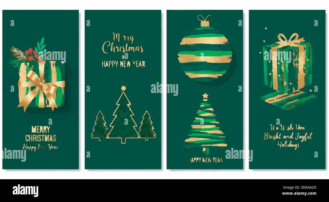 Eleganti biglietti di Natale verdi e dorati. Confezione regalo, ornamento, alberi di Natale. Stile acquerello. Buon Natale e felice anno nuovo auguri. Illustrazione Vettoriale