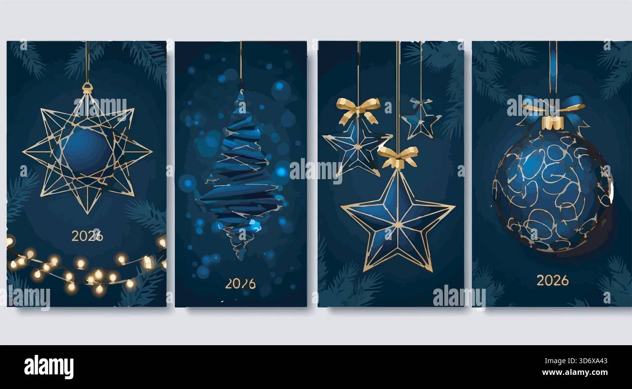 Eleganti biglietti per Capodanno 2026 con albero di Natale geometrico, stella e ornamento in blu e oro. Set di biglietti d'auguri festivi. Illustrazione Vettoriale