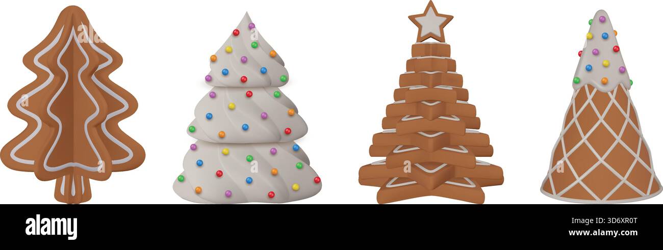 set di albero di natale di pan di zenzero. collezione di alberi di natale in 3d con decorazioni a base di ghiaccio e biscotti Illustrazione Vettoriale