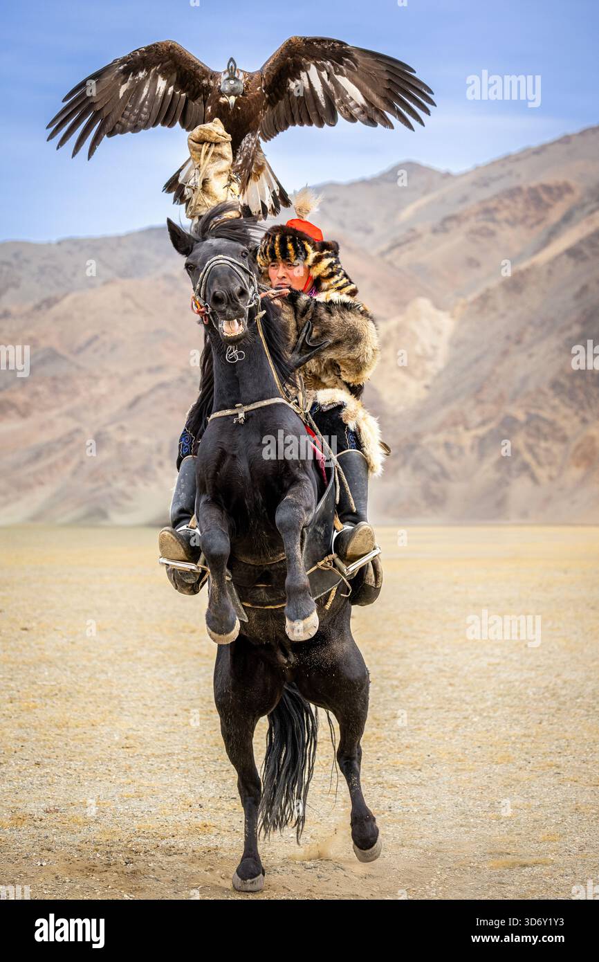 Eagle Hunter allevato a cavallo al Sagsai Golden Eagle Festival, Altai Mountains, Mongolia occidentale Foto Stock