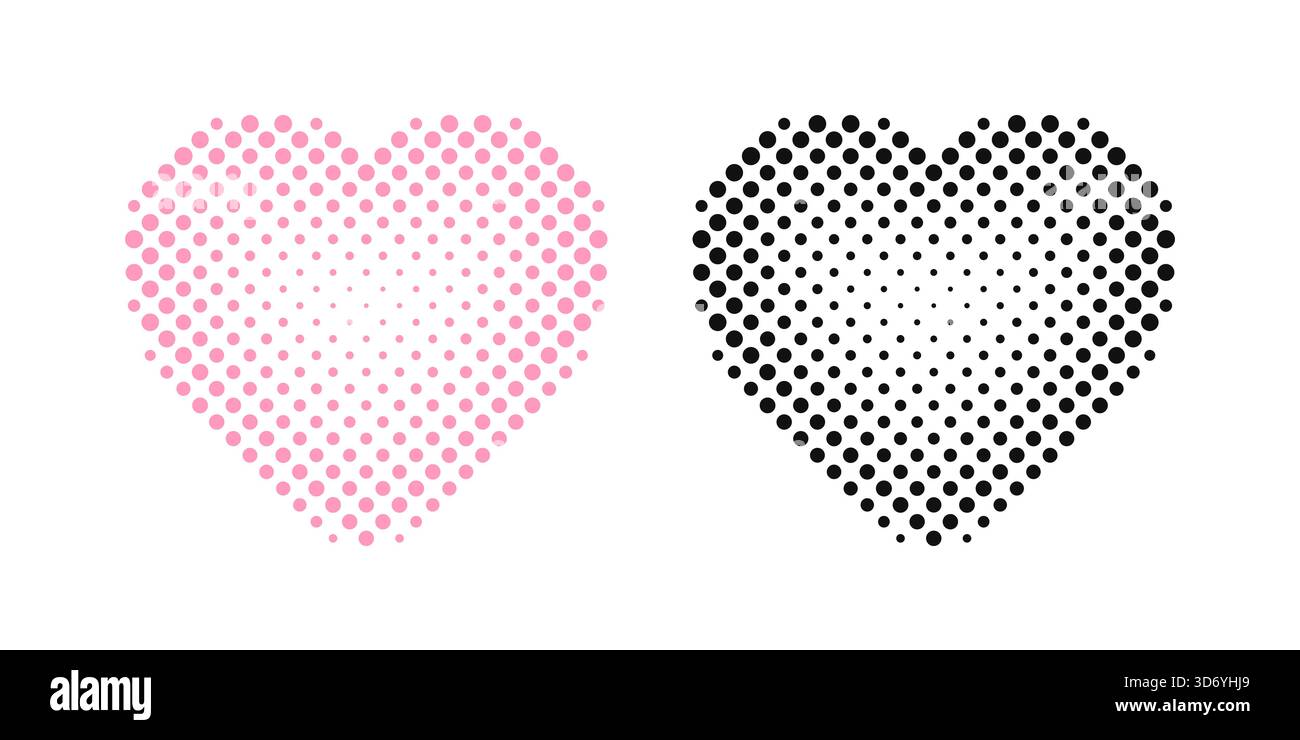Forma del cuore. Cuori che svaniscono nel tempo. Silhouette a cuore sbiadita isolata su sfondo bianco. Moderno punto a mezzitoni sfumati. Sbiadisce l'elemento per la stampa del design Illustrazione Vettoriale