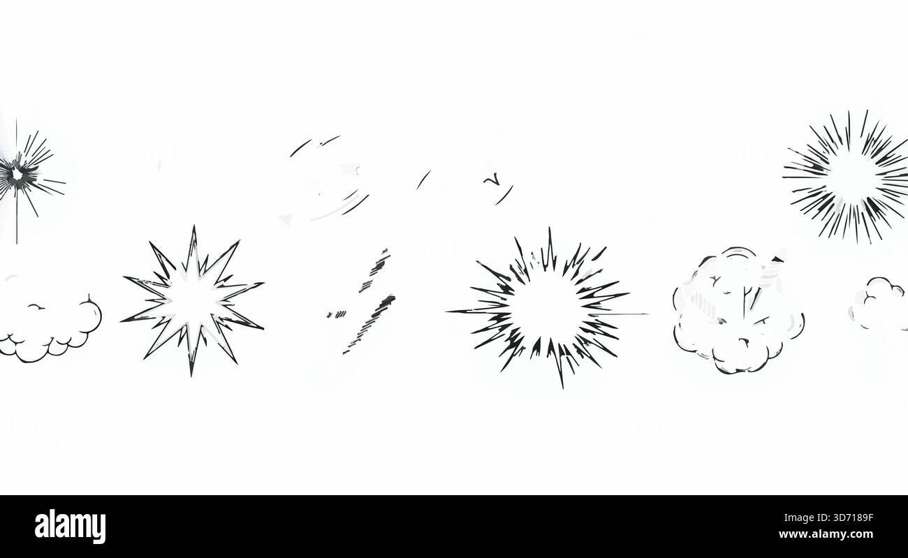 Effetti di esplosione di cartoni animati disegnati a mano. Nuvola di burst comica, linee di velocità, burst stellari. Bianco e nero. Elementi di animazione. Illustrazione Vettoriale