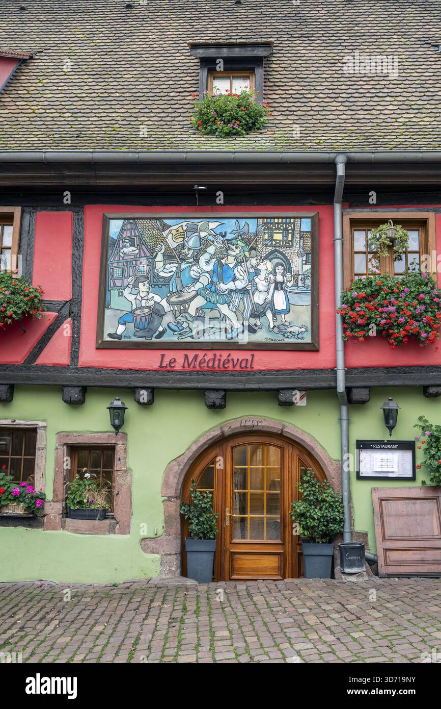 Casa pittoresca, Riquewihr, Haut-Rhin, Grand Est, Francia Foto Stock