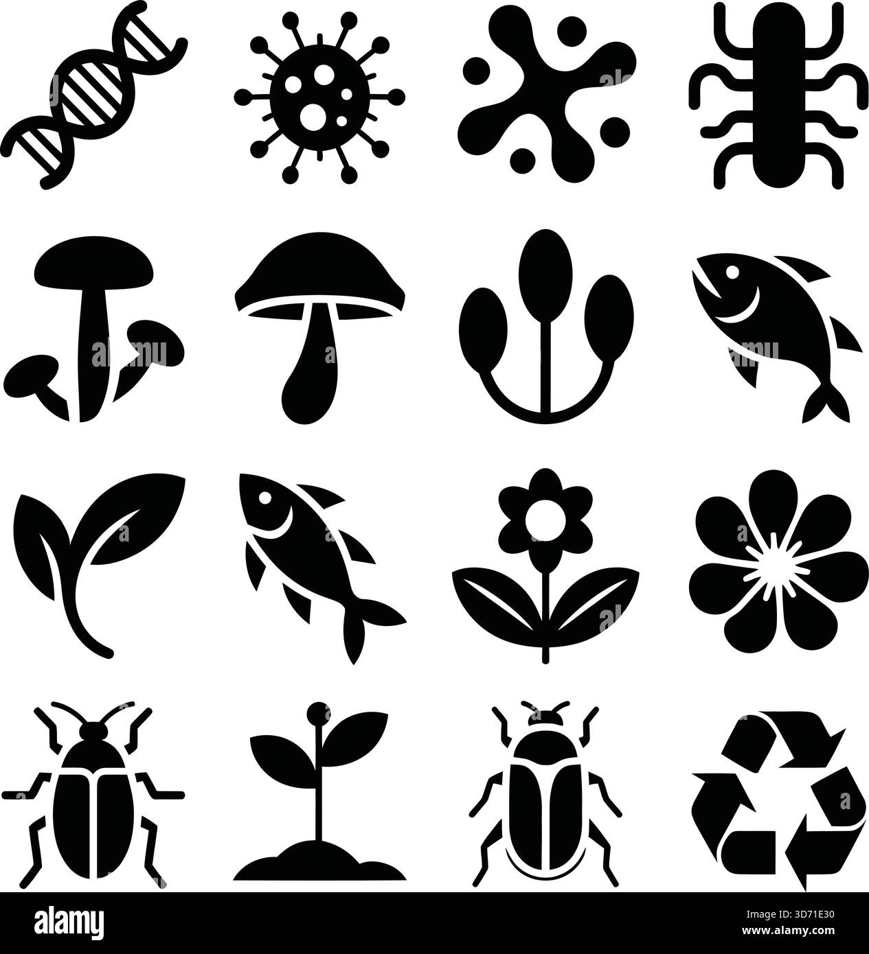Set di icone biologia ed ecologia con DNA, virus, funghi, piante, pesci, insetti e simbolo di riciclaggio nella griglia nera Illustrazione Vettoriale
