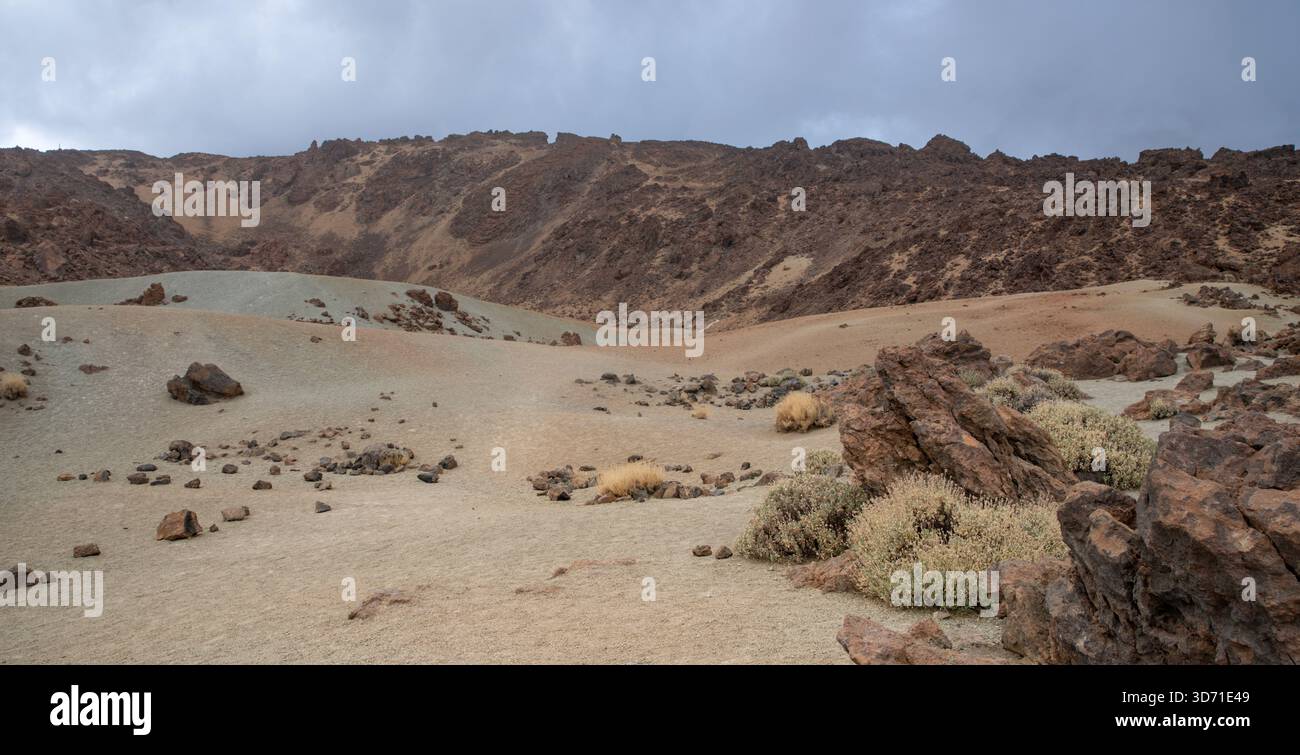 Paesaggio vulcanico del deserto con rocce sparse cespugli secchi colline e un cielo nuvoloso drammatico Foto Stock