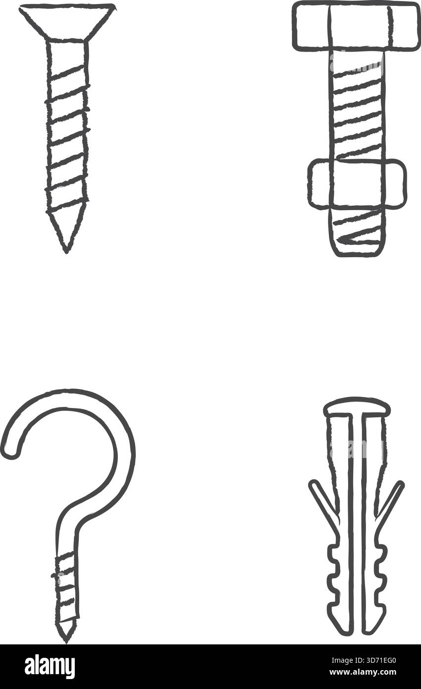 Set verticale di elementi hardware, tra cui gancio con bullone a vite e tappi a parete con rendering in line art Illustrazione Vettoriale