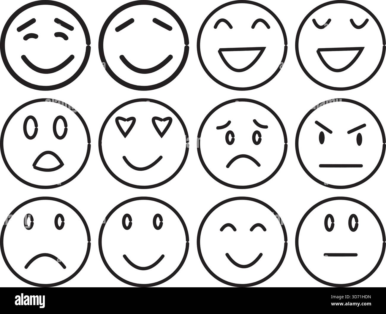 Serie di Emoji espressivi volti che mostrano emozioni e sentimenti umani diversi Illustrazione Vettoriale