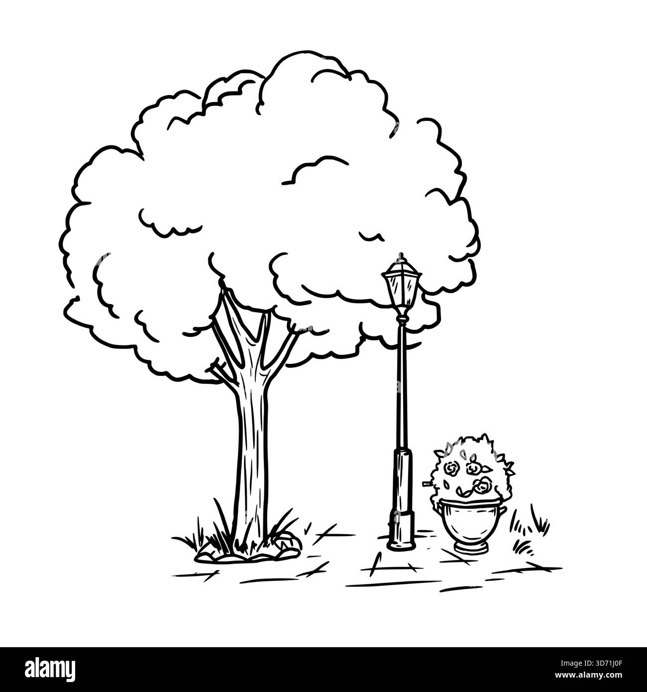 Un albero e una lanterna del parco, un'aiuola con fiori nell'erba, uno schizzo. Il disegno è in uno stile semplice, isolato su uno sfondo bianco. Vicolo di Illustrazione Vettoriale