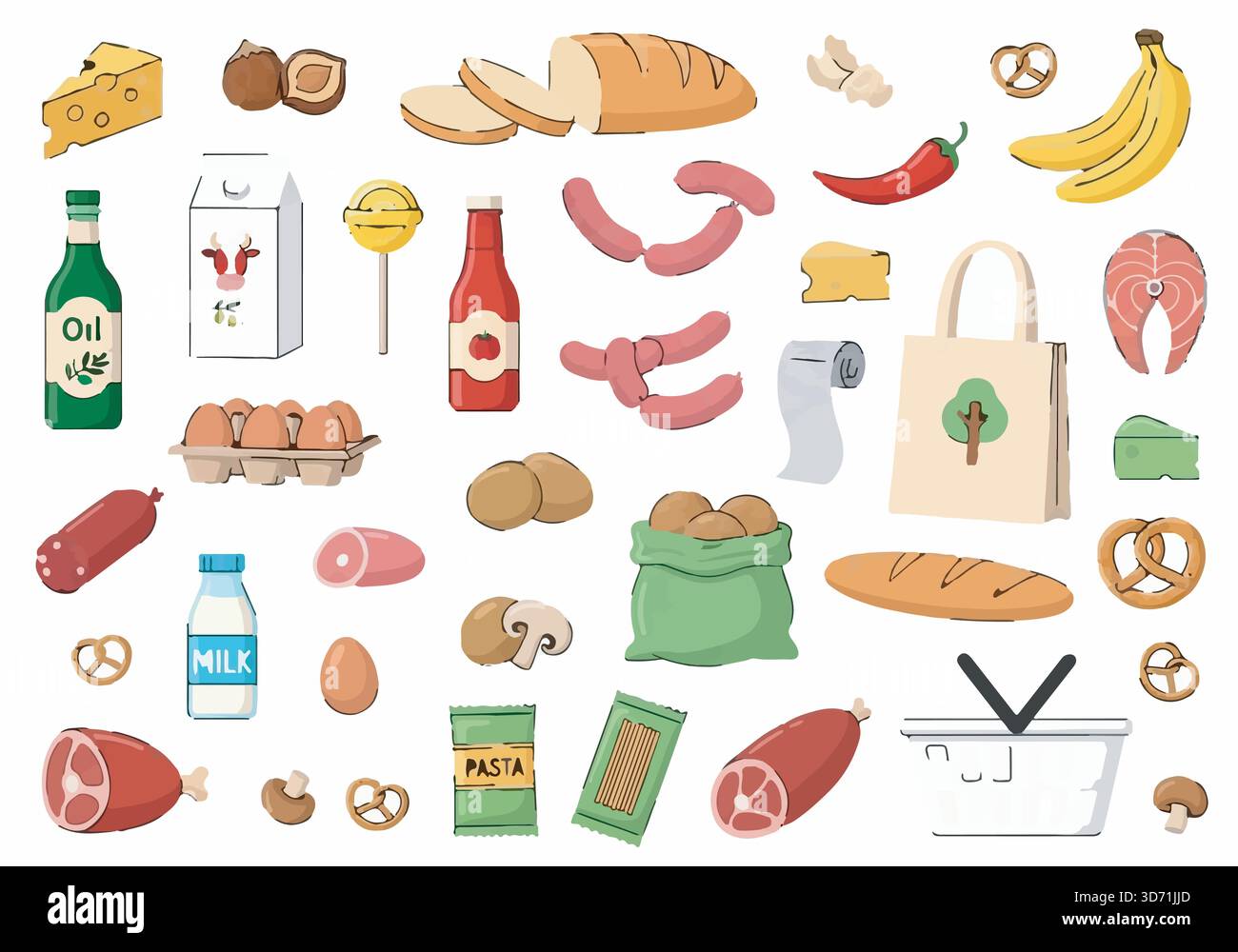 Set di alimenti per la spesa. Immagine di pane, frutta, verdura e altri prodotti alimentari per una lista della spesa o un menu. Illustrazione Vettoriale