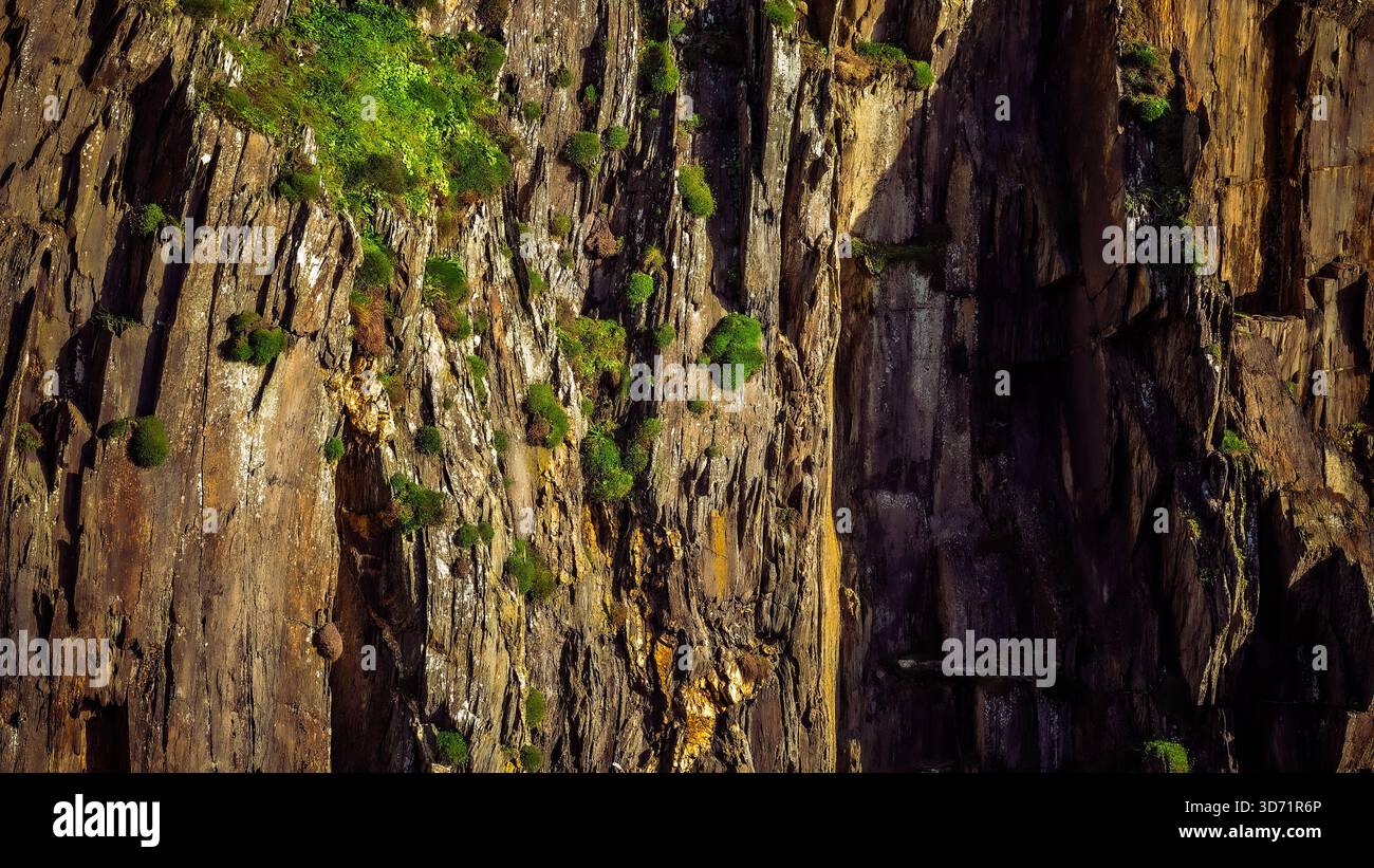 Tonalità calde illuminano una superficie rocciosa intemprata, rivelando una storia incisa nella pietra. Il contrasto tra luce e ombra è ipnotizzante. Foto Stock