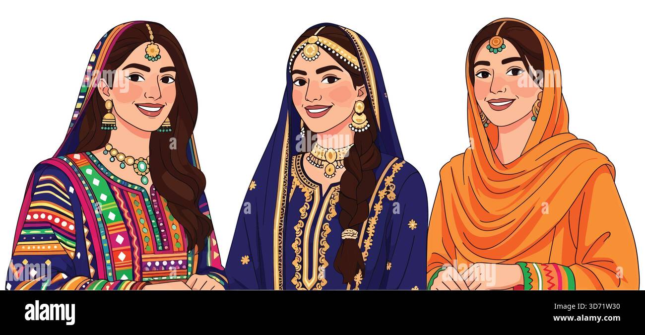 Tre donne in abbigliamento tradizionale del Sud Asiatico illustrazione vettoriale colorato etnico abbigliamento Art Illustrazione Vettoriale