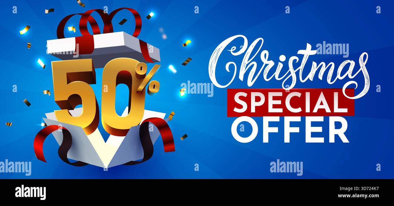 Banner dell'offerta speciale di Natale con 50 sconti da una confezione regalo. Design della promozione per le festività natalizie. Illustrazione vettoriale Illustrazione Vettoriale