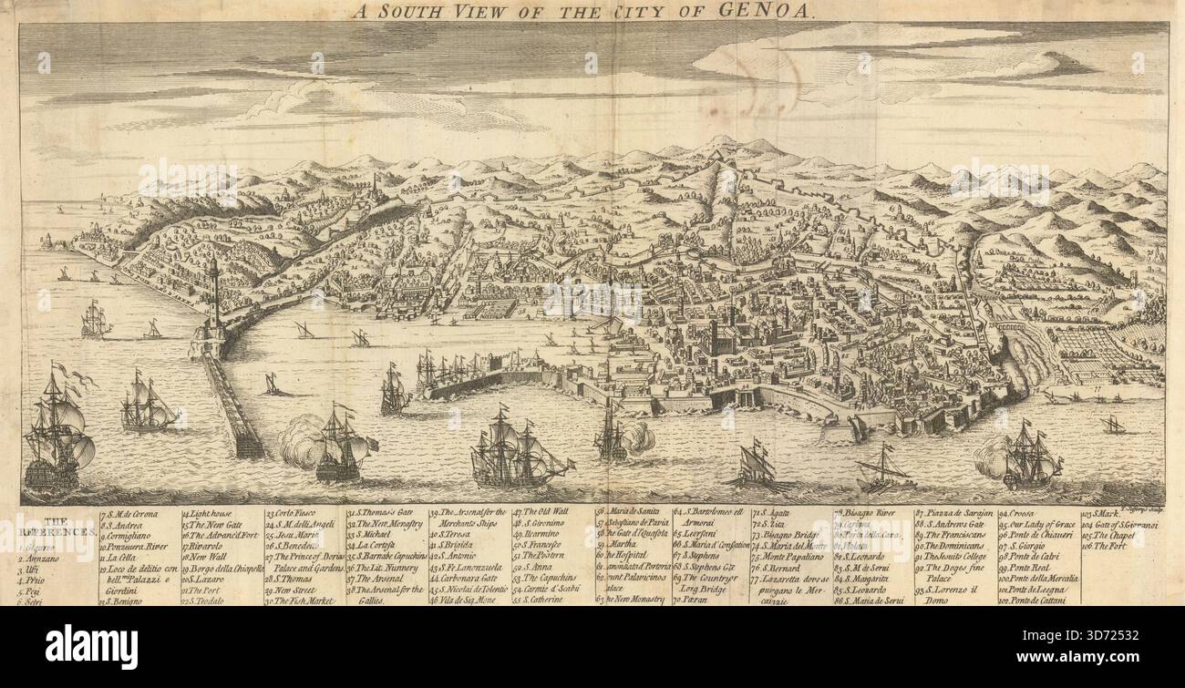 Vista a sud della città di Genova. Italia. JEFFERYS / Gents Mag 1747 vecchia mappa Foto Stock
