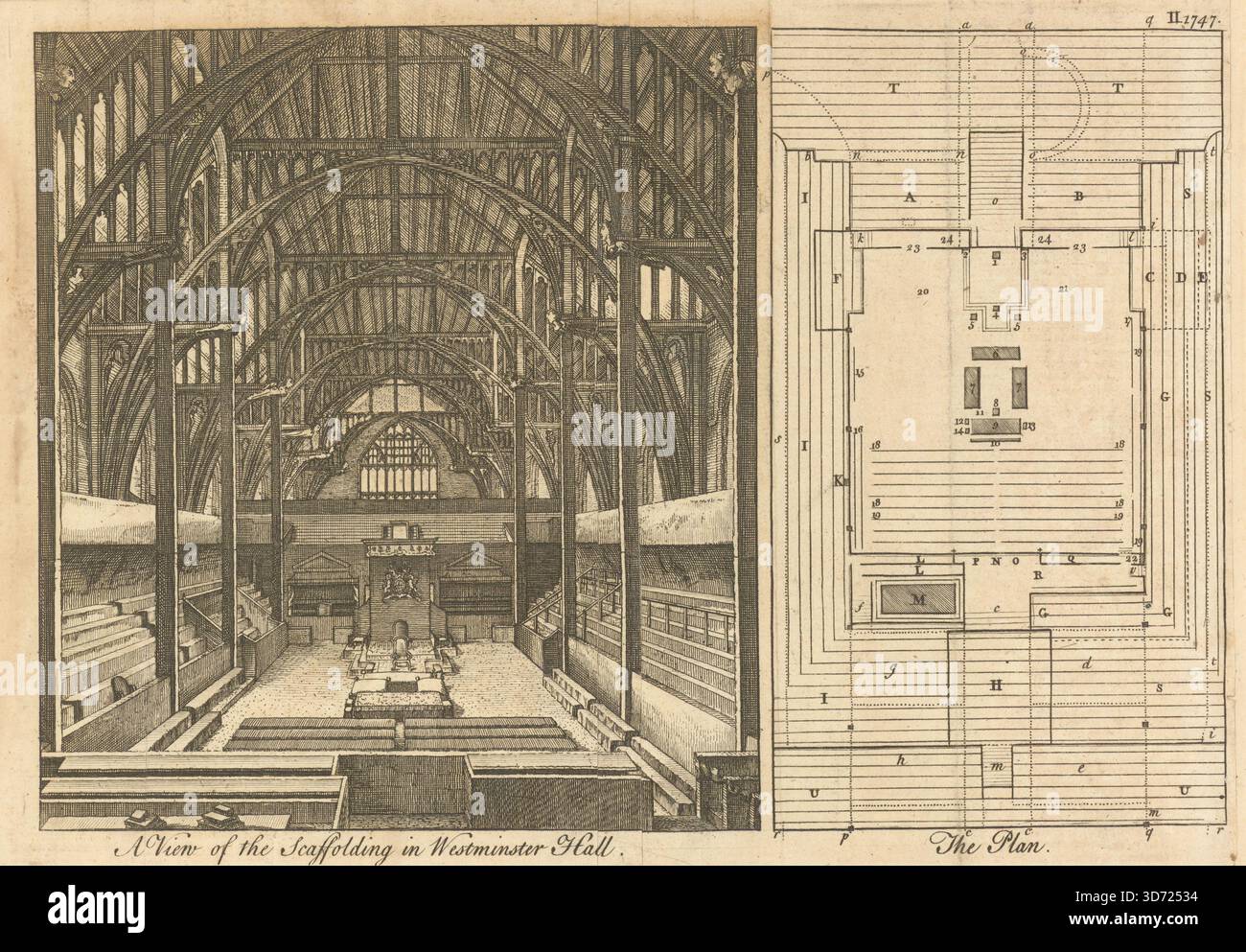 Il ponteggio nella Westminster Hall, e la pianta della stessa. Stampa 1747 di Londra Foto Stock