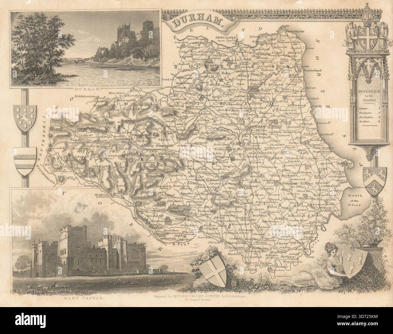 Antica mappa della contea di Durham di Thomas Moule 1837 vecchia mappa Foto Stock