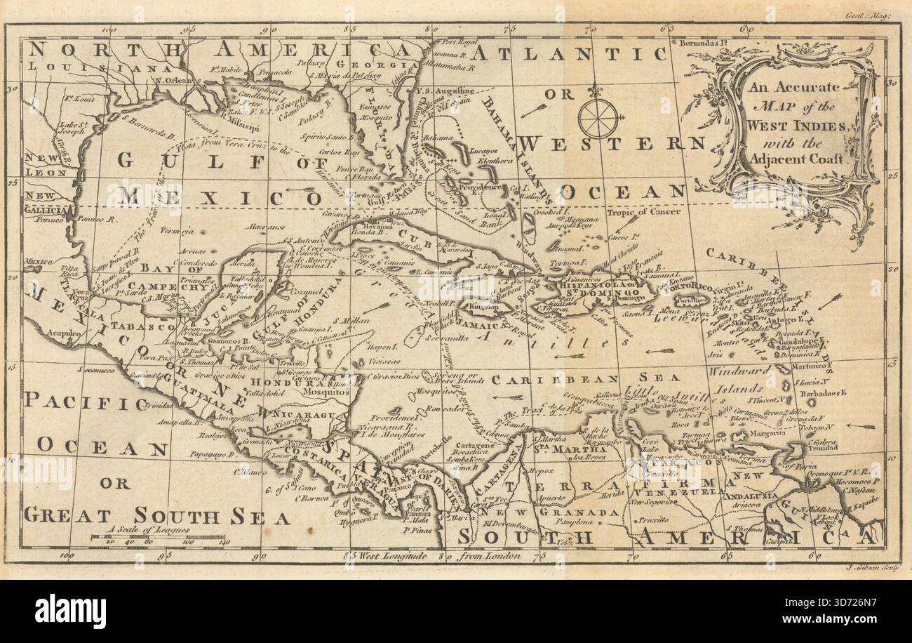 Una mappa accurata delle Indie Occidentali con la costa adiacente. GIBSON 1762 Foto Stock