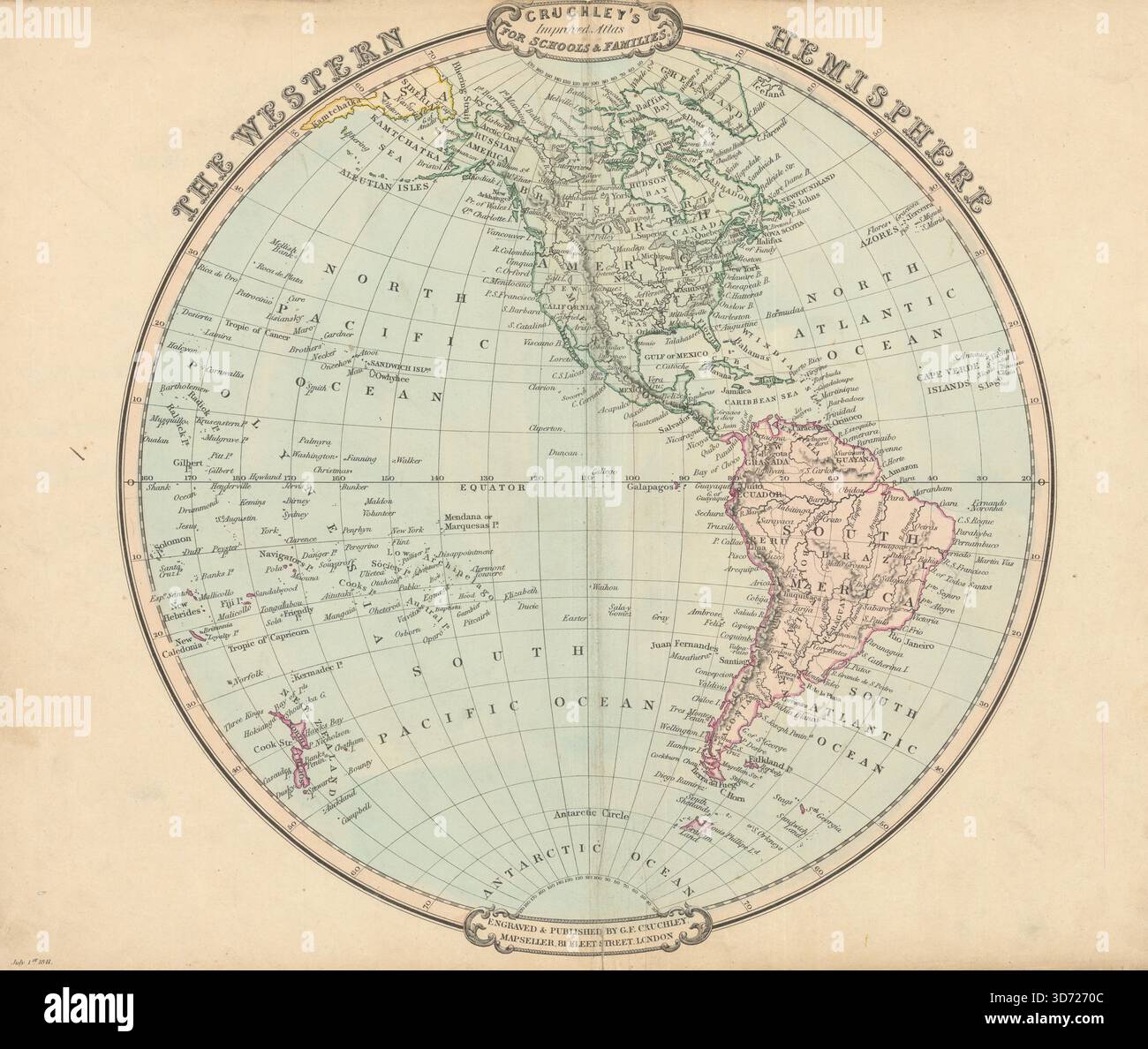 L'emisfero occidentale. Americhe. Mappa decorativa antica di George Cruchley 1843 Foto Stock