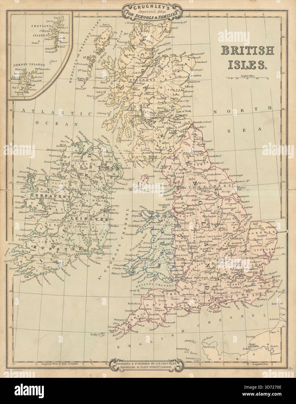 Isole britanniche. Mappa decorativa antica di George Cruchley, 1843 anni Foto Stock