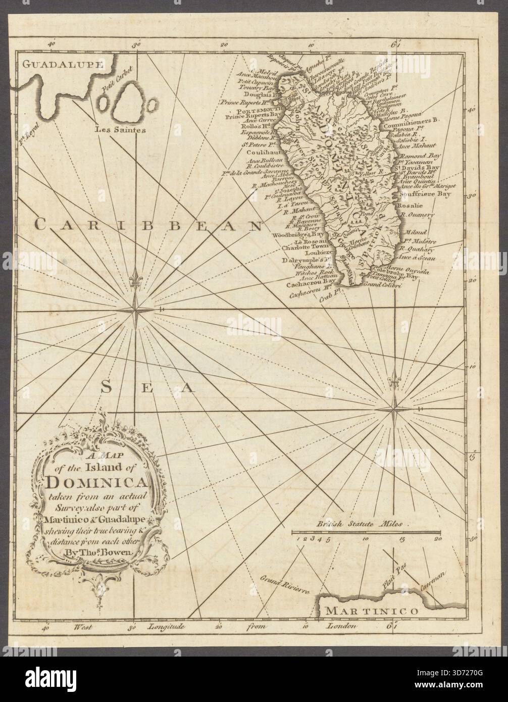 Una mappa dell'isola di Dominica… Fa anche parte di Martinico e Guadalupe. Bowen 1778 Foto Stock