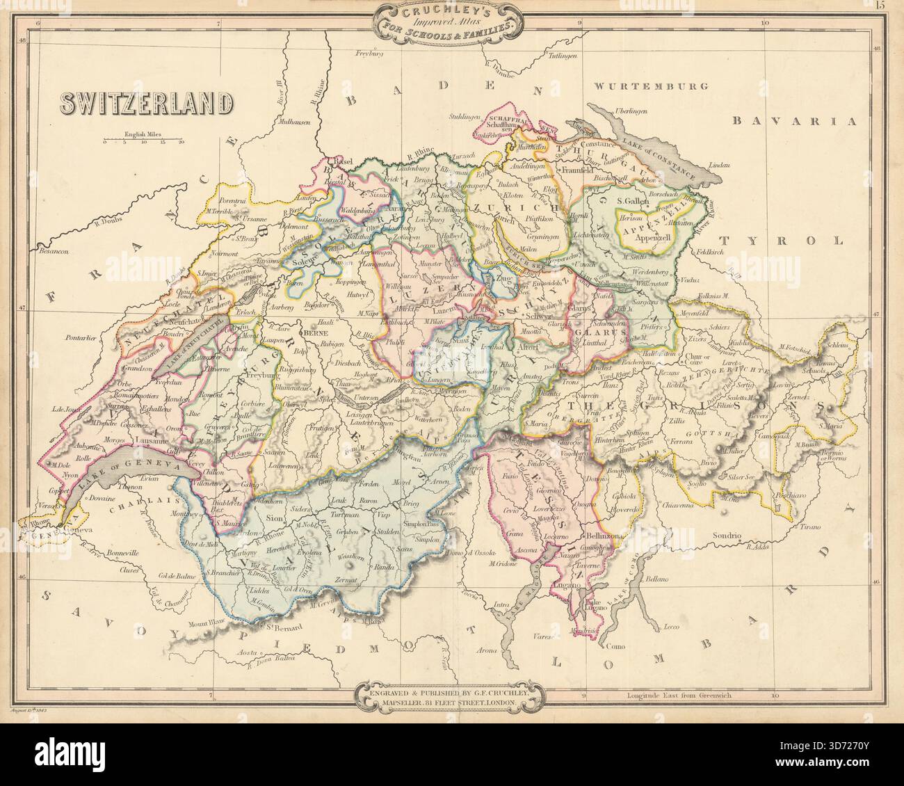 Svizzera. Mappa decorativa antica di George Cruchley, 1843 anni Foto Stock