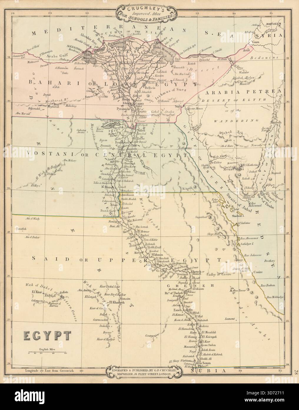 Bahari, Vostani e Said. Basso, centrale e alto Egitto. Mappa antica. Cruchley 1843 Foto Stock