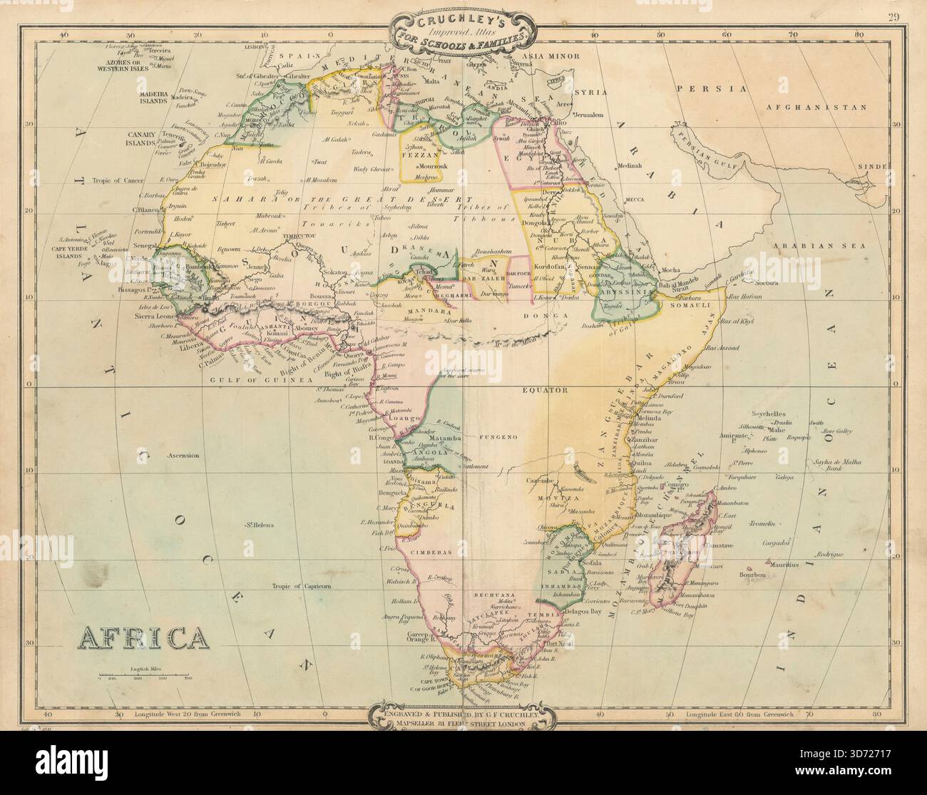 Africa pre-coloniale. Mappa decorativa antica di George Cruchley, 1843 anni Foto Stock