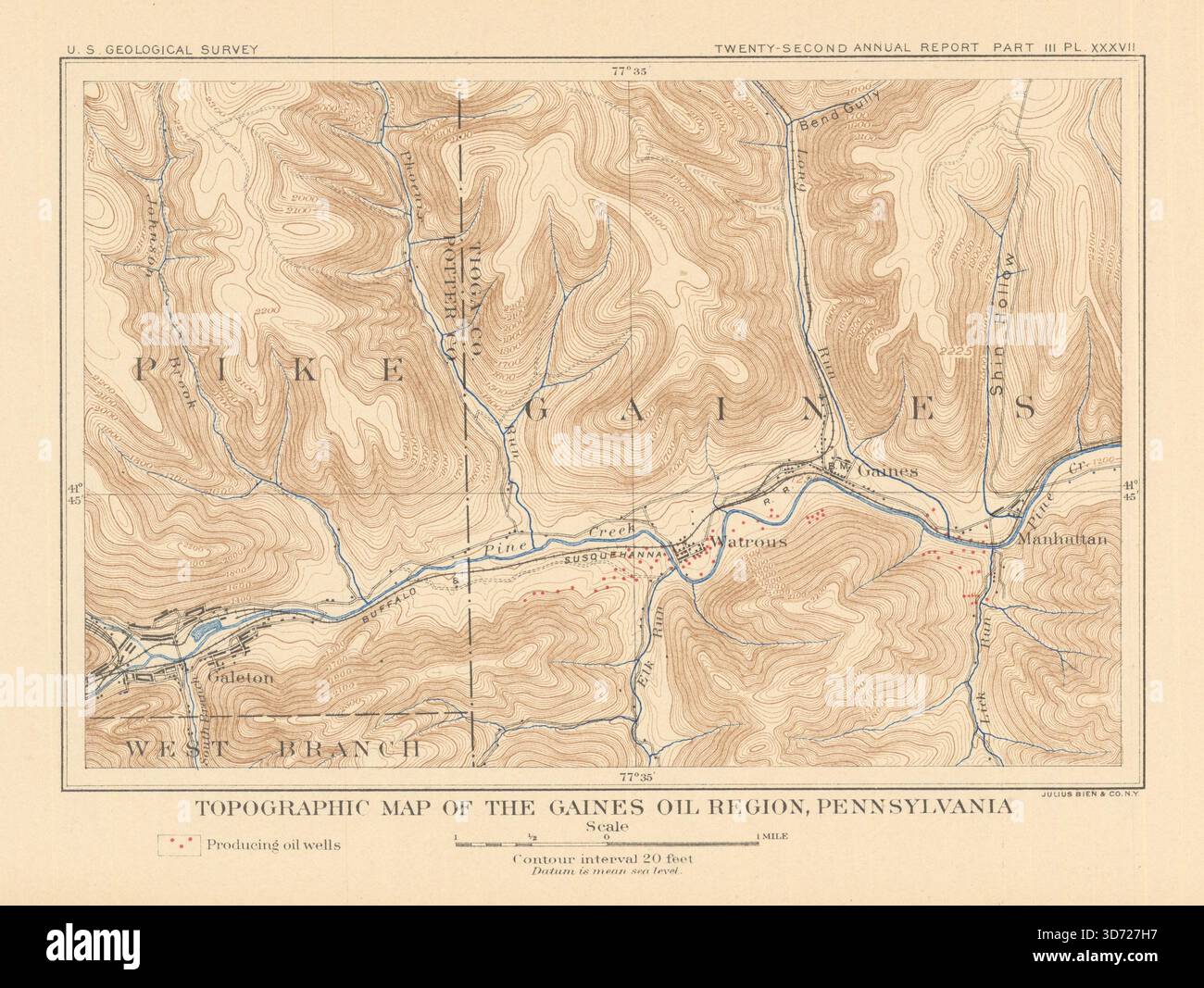 Mappa topografica della regione petrolifera di Gaines, Pennsylvania. US Geological Survey 1902 Foto Stock
