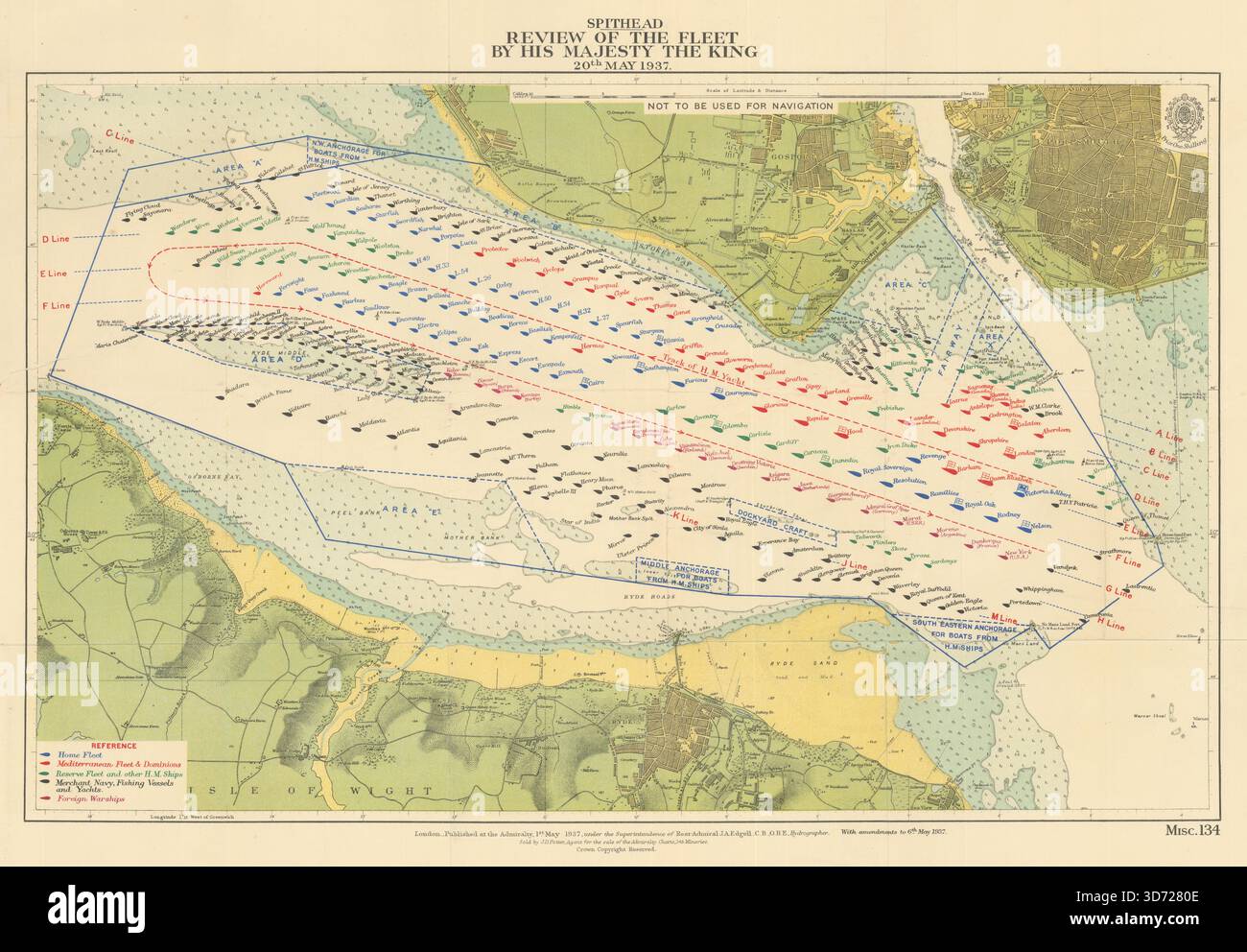 Spithead - revisione della flotta da parte di sua Maestà il Re. Ammiragliato 1937 vecchia mappa Foto Stock