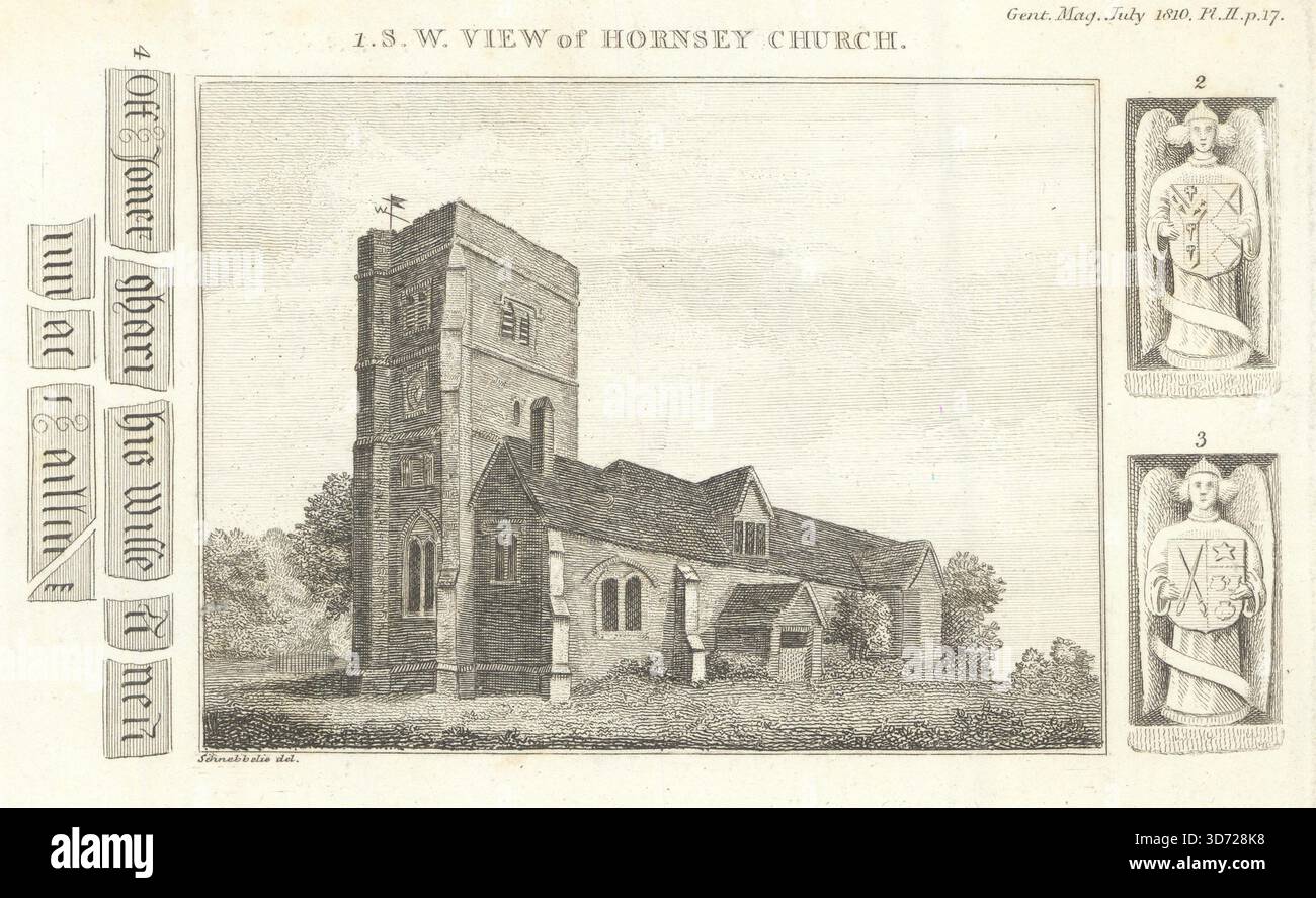 Hornsey St. Mary's Parish Church. Parzialmente demolito nel 1927. Gents Mag 1810 stampa Foto Stock