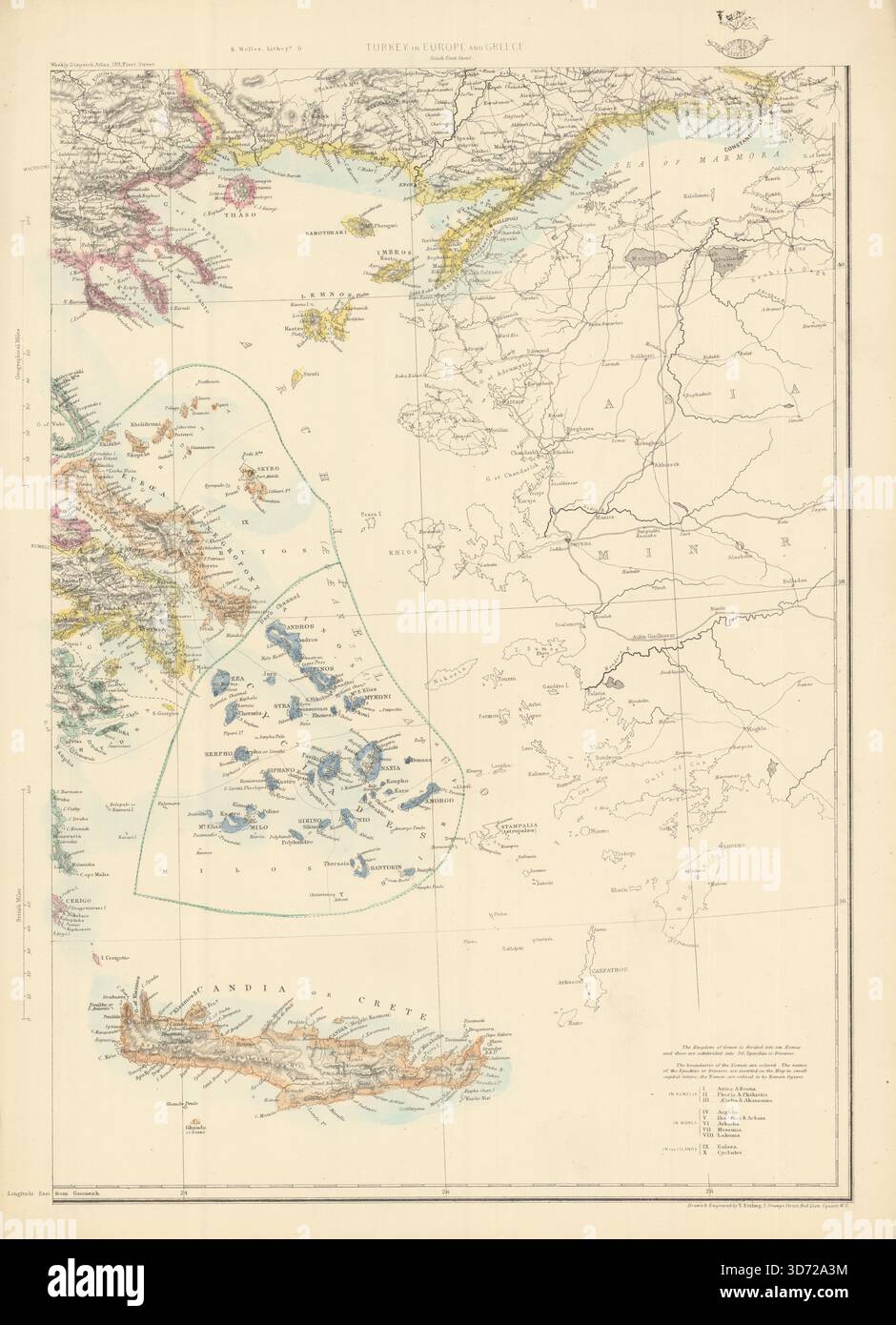Isole DELL' EGEO Cicladi Creta Sporadi Dodecaneso Eubea. ETTLING 1863 mappa vecchia Foto Stock