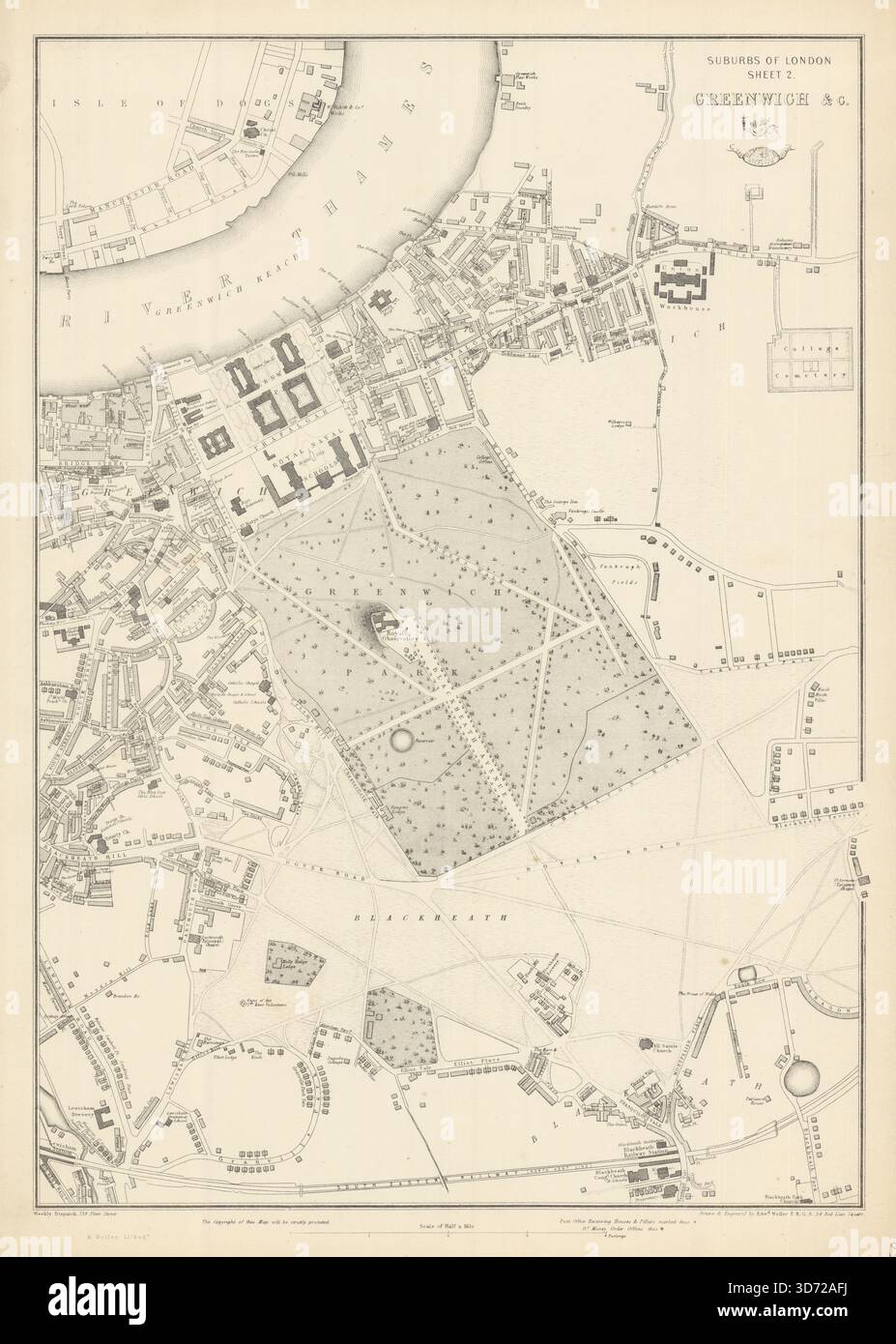 GREENWICH, BLACKHEATH E LEWISHAM. Periferia di Londra.Dispatch Atlas.WELLER mappa 1863 Foto Stock