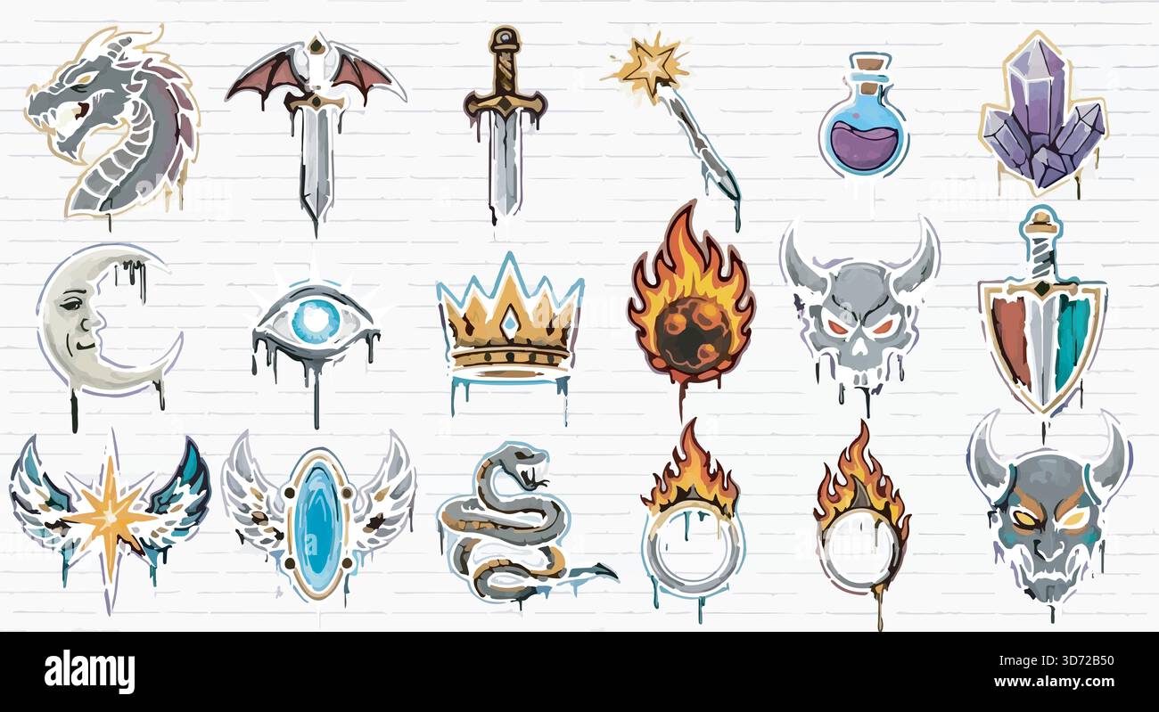 Set di icone Fantasy. Icone disegnate a mano drago, spada, corona, cristallo, bacchetta magica, pozione, cranio, occhio, luna, serpente, cancello, fuoco. Elementi di design del gioco. Illustrazione Vettoriale