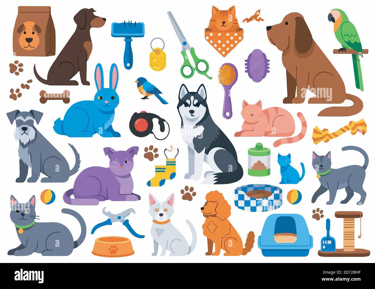 Set di vettori PET Care. Cani da cartoni animati, gatti, uccelli, conigli, accessori. Elementi per cliniche veterinarie. Illustrazione piatta. Illustrazione Vettoriale