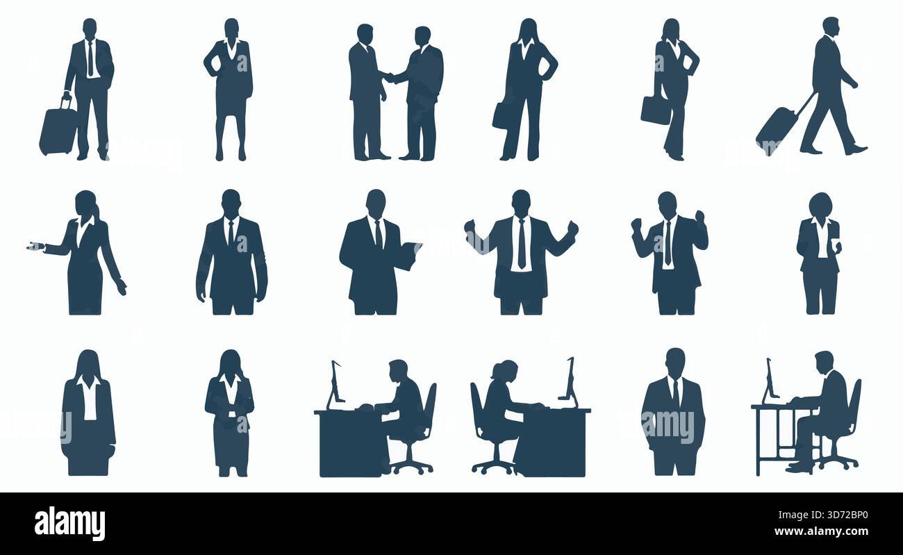 Silhouette per uomini d'affari. Insieme vettoriale di uomini e donne diversi in ruoli professionali, varie pose e attività. Illustrazione Vettoriale