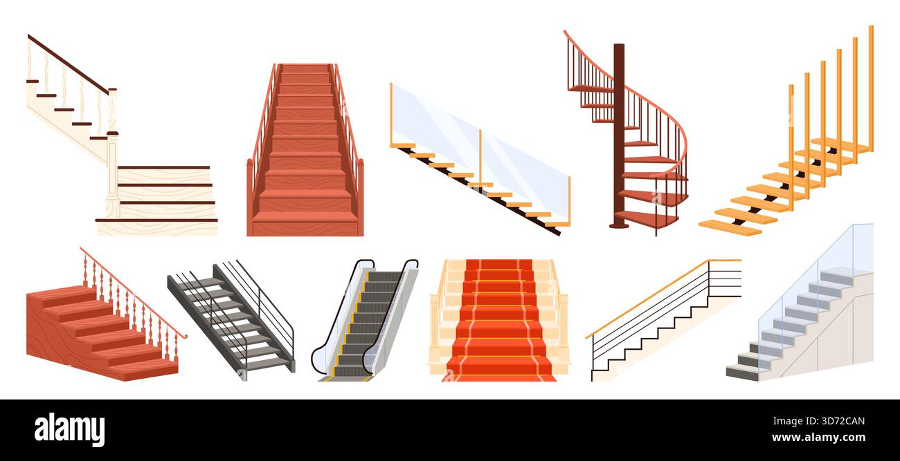 Collezione di scale per cartoni, tra cui legno, pietra, metallo, spirale, scala mobile, e passaggi in moquette per concetti di architettura, casa e ufficio isolati su un'illustrazione vettoriale su sfondo bianco Illustrazione Vettoriale
