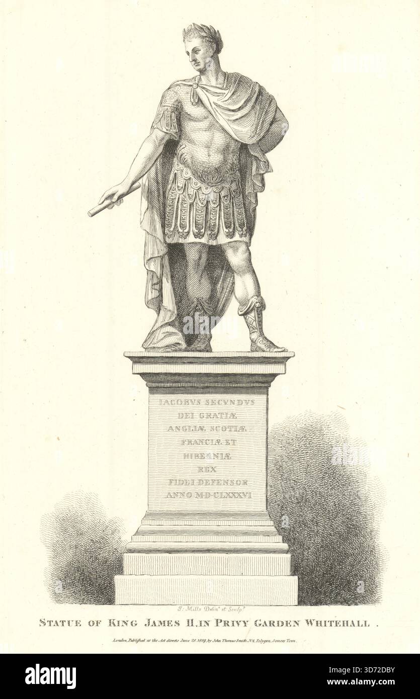 Statua del re Giacomo II nel Privy Garden, Whitehall di J. Mills 1809 vecchia stampa Foto Stock