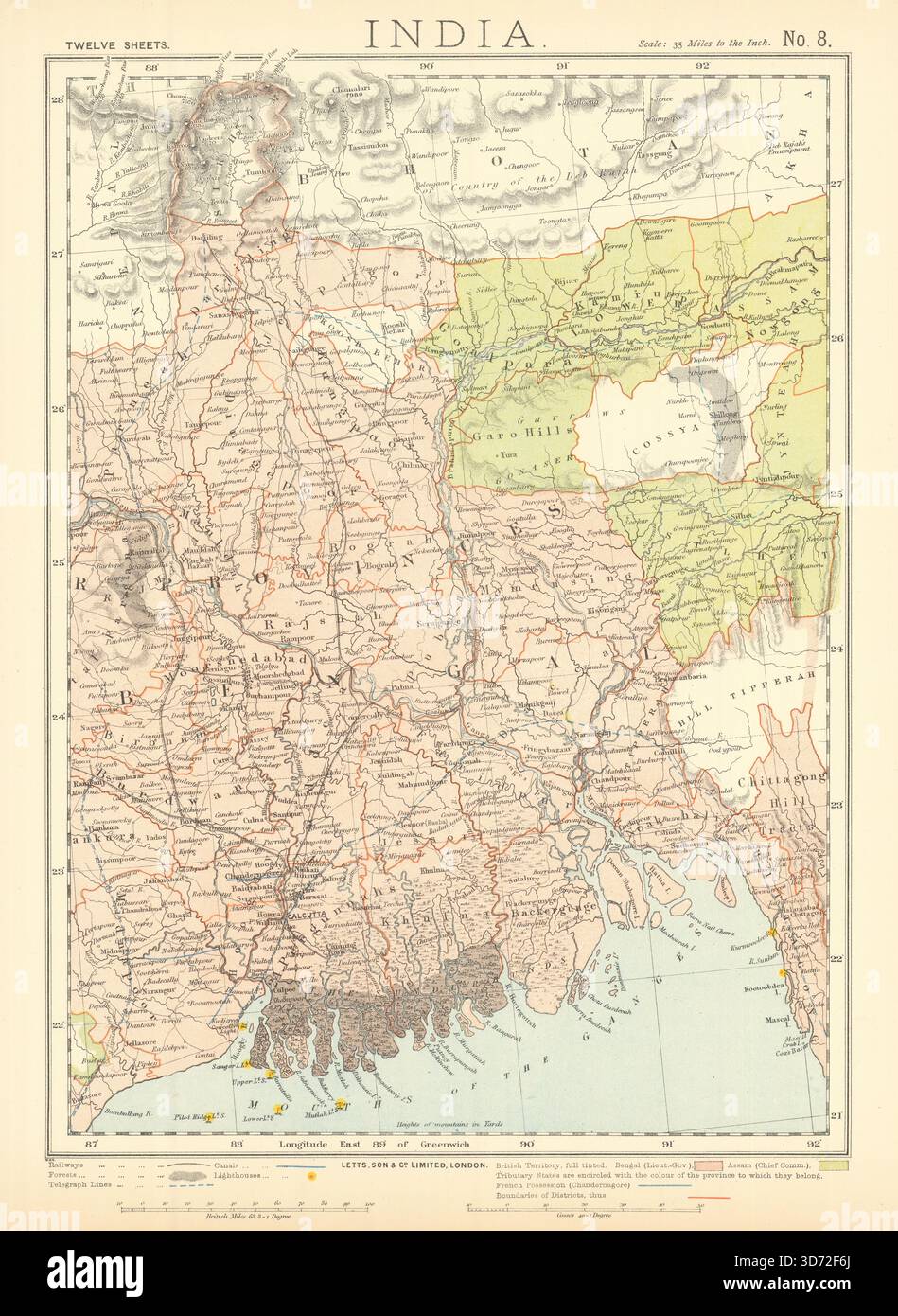 BENGALA BRITANNICA BANGLADESH Calcutta Bhutan Assam Sikkim. Ferrovie. Mappa LETTS 1892 Foto Stock