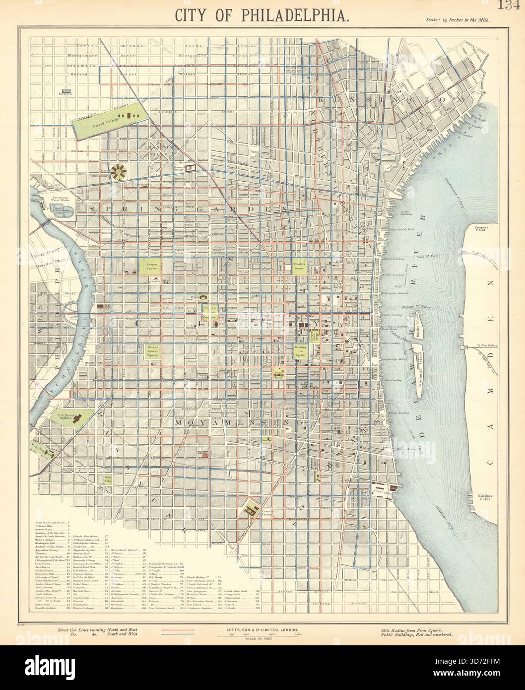 Mappa della città antica DI FILADELFIA. Linee del tram. LETTS 1892 vecchi Foto Stock