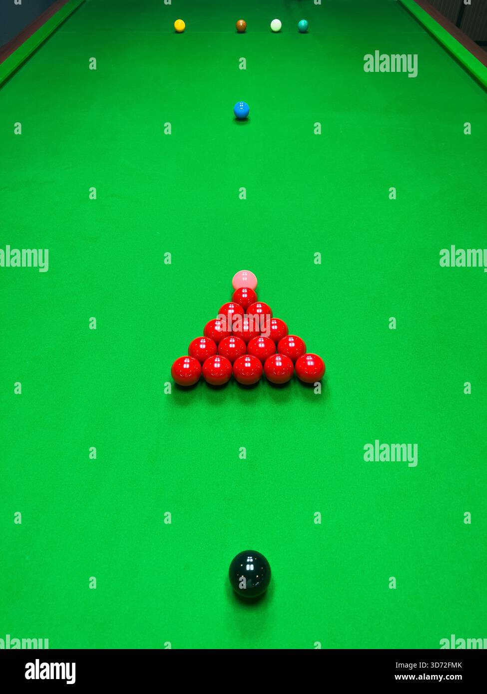 Una vista ravvicinata e ad angolo alto di diverse palle rosse da snooker e una palla rosa sparse sul feltro verde brillante di un tavolo da biliardo. Foto Stock