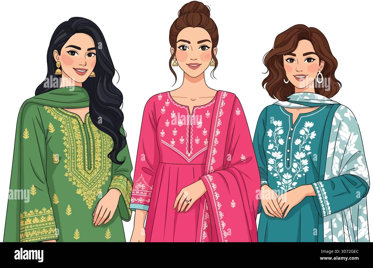 Tre donne in tradizionale indiano Salwar Kameez in piedi fianco a fianco sorridente illustrazione vettoriale Illustrazione Vettoriale