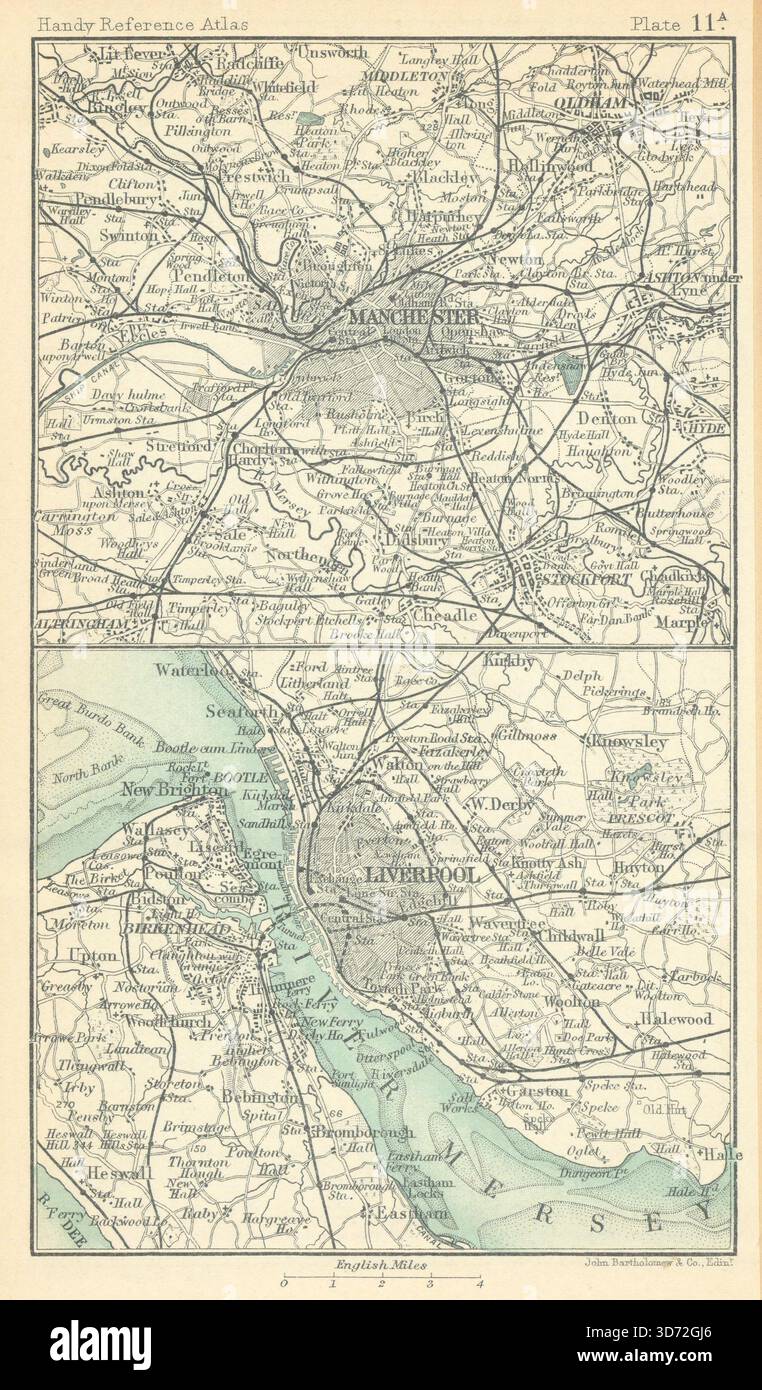 Dintorni di Manchester e Liverpool. Lancashire. BARTHOLOMEW 1909 vecchia mappa Foto Stock
