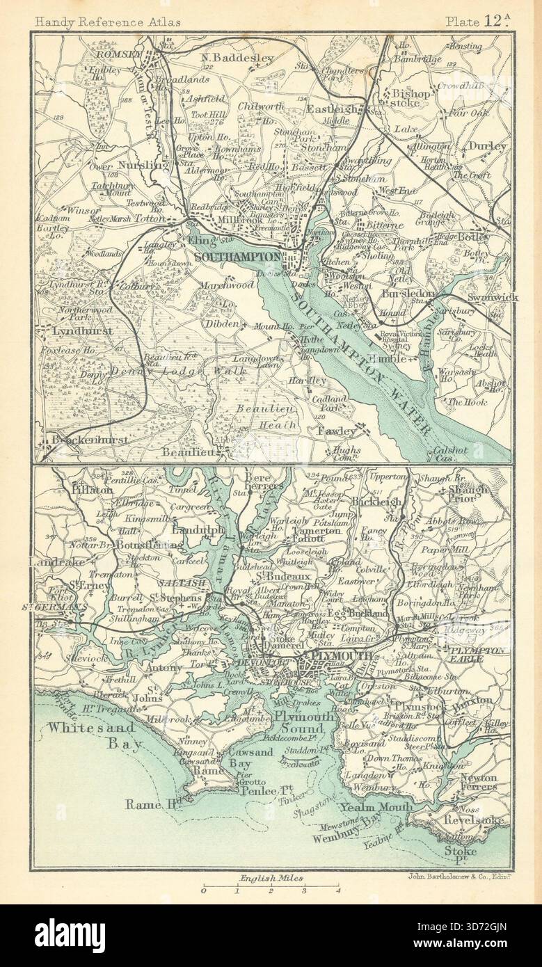 Dintorni di Southampton e Plymouth. Hampshire. BARTHOLOMEW 1909 vecchia mappa Foto Stock