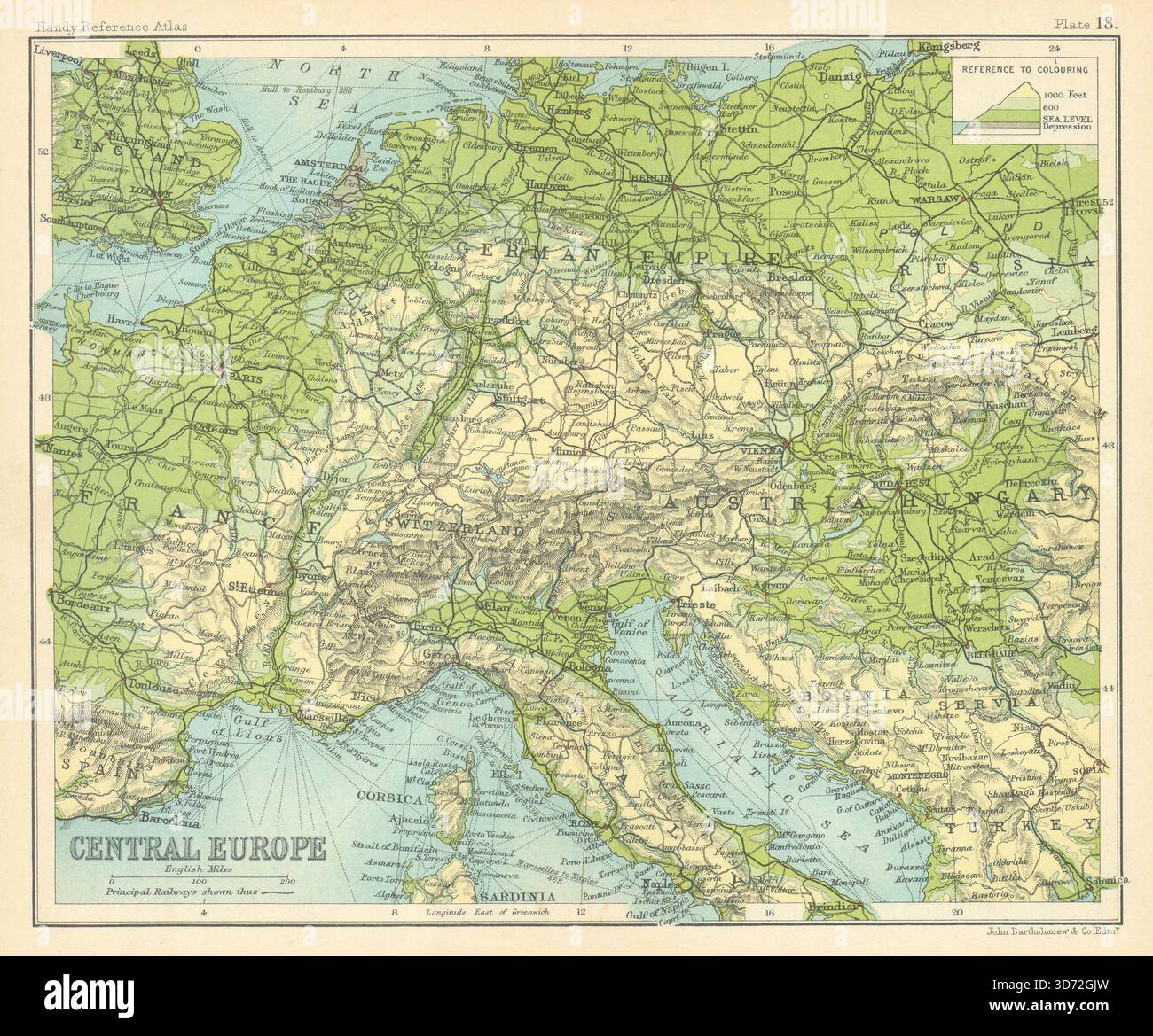 ALPI dell'Europa centrale. Pianura del Nord Europa. Rhine Valley 1909 vecchia mappa Foto Stock