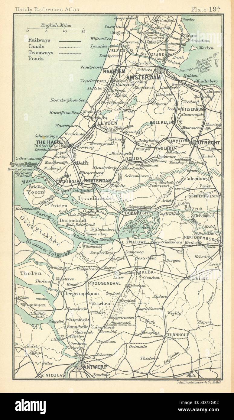 Paesi Bassi. Amsterdam l'Aia Rotterdam Anversa. BARTHOLOMEW 1909 vecchia mappa Foto Stock