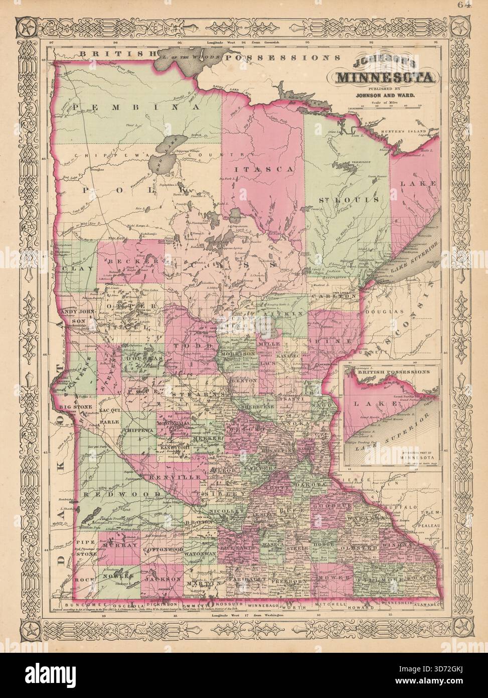 Johnson e' il Minnesota. Mappa dello stato DEGLI STATI UNITI che mostra le contee. Johnson & Ward 1865 Foto Stock