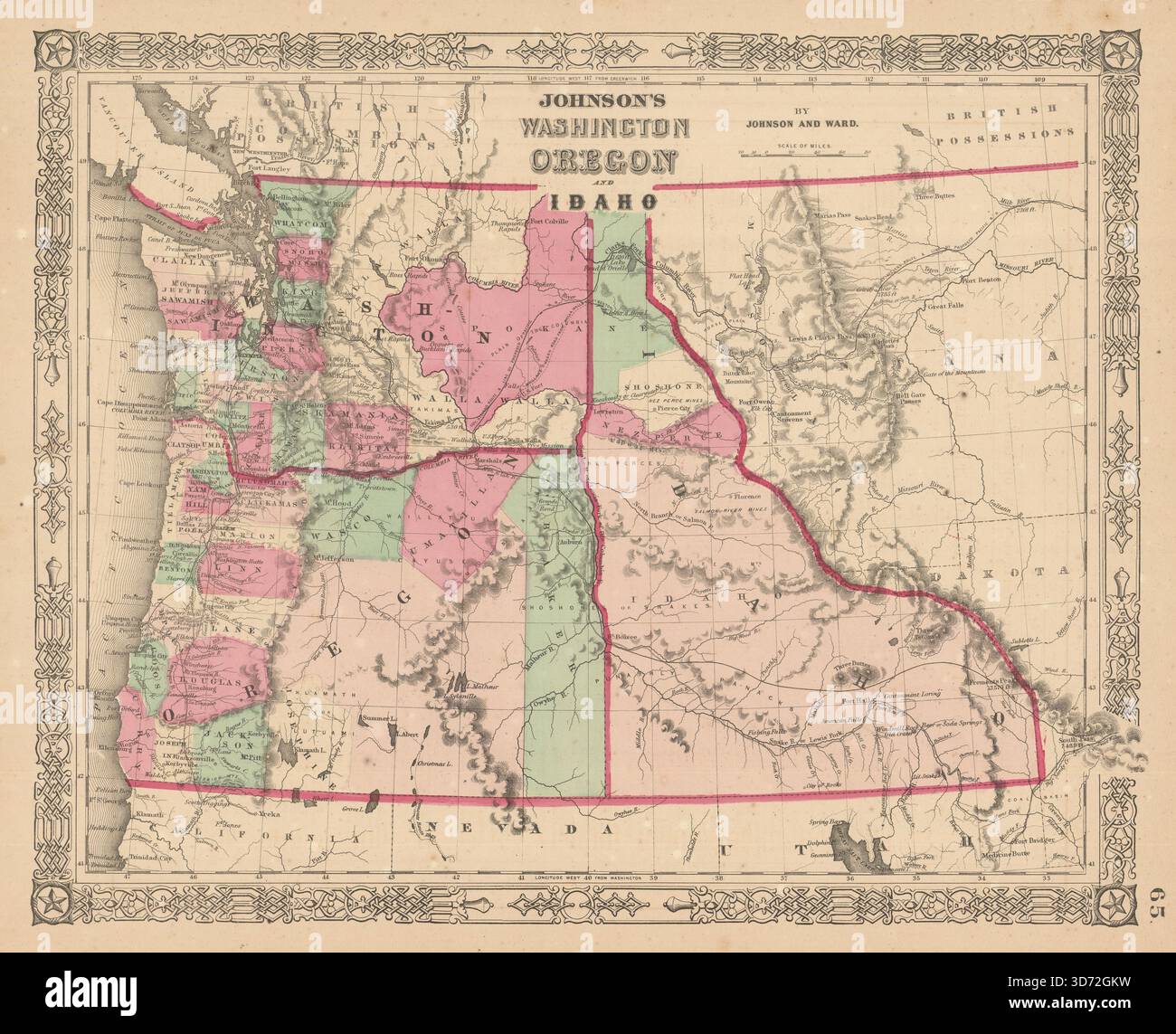 Johnson's Washington, Oregon e Idaho. Mappa dello stato DEGLI STATI UNITI che mostra le contee 1865 Foto Stock
