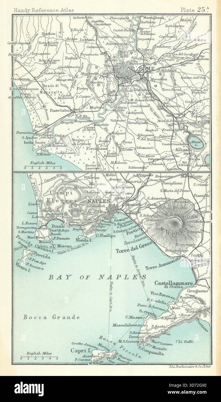 Dintorni di Roma e Napoli. Italia. BARTHOLOMEW 1909 vecchia mappa cartografica antica Foto Stock